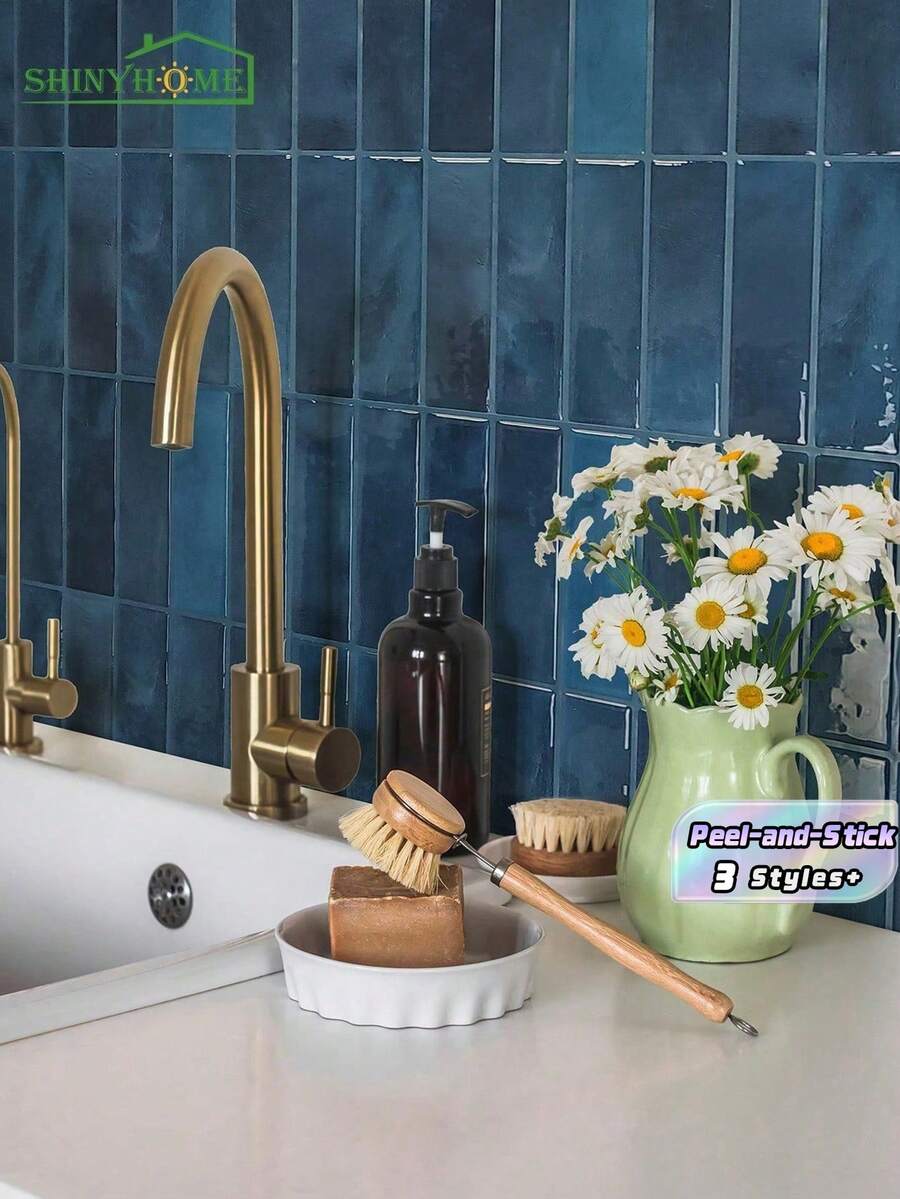 1/10/30 Miếng dán tường họa tiết gạch xanh giả tự dính, Gạch ốp tường bóc ra và dán, Giấy dán tường chống thấm nước cho phòng khách, bếp, phòng tắm, phong cách Zellige