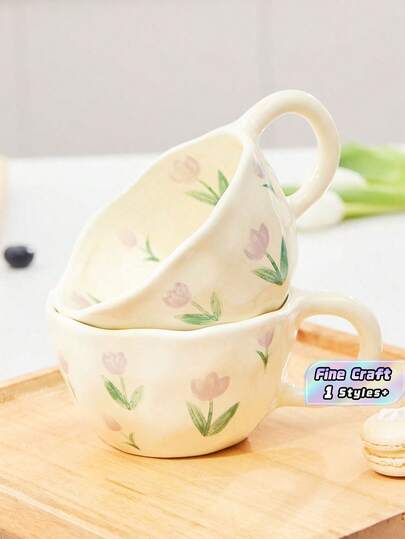 SHEIN 1PC Coffee Mugs Ceramic Mugs Coffee Cups Hand Pinched Asymmetrical Flower Milk Tea Cup Ins Korean Style Oatmeal Breakfast Mug Drinkware Kitchen Christmas For Holiday Gift Giving