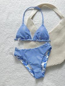 SHEIN Conjunto de bikini de tirantes con estampado de criaturas marinas azul y blanco para adolescentes, ideal para vacaciones de verano en la playa - Azul y blanco - Ver 8
