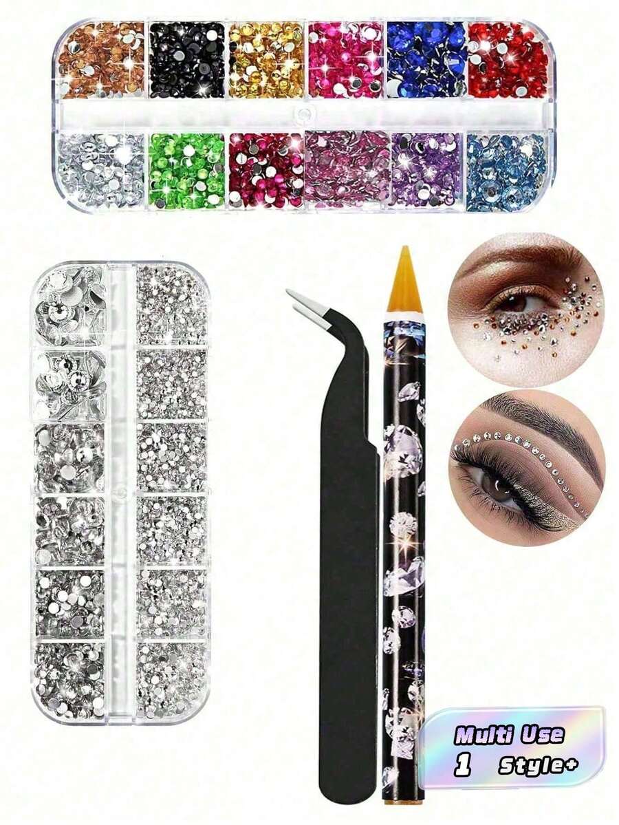 2盒平底水钻，多色美甲水晶，含点钻笔和工具，可用于面部、身体、头发、工艺、化妆，DIY美甲用品 - 彩色 - 查看 1