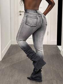 Jeanoix Quần jeans nữ dáng rộng màu xám nhạt, phối màu gradient, đính đinh tán và dây xích kim loại, phù hợp cho mọi mùa. - Màu Xám nhạt - Xem 2