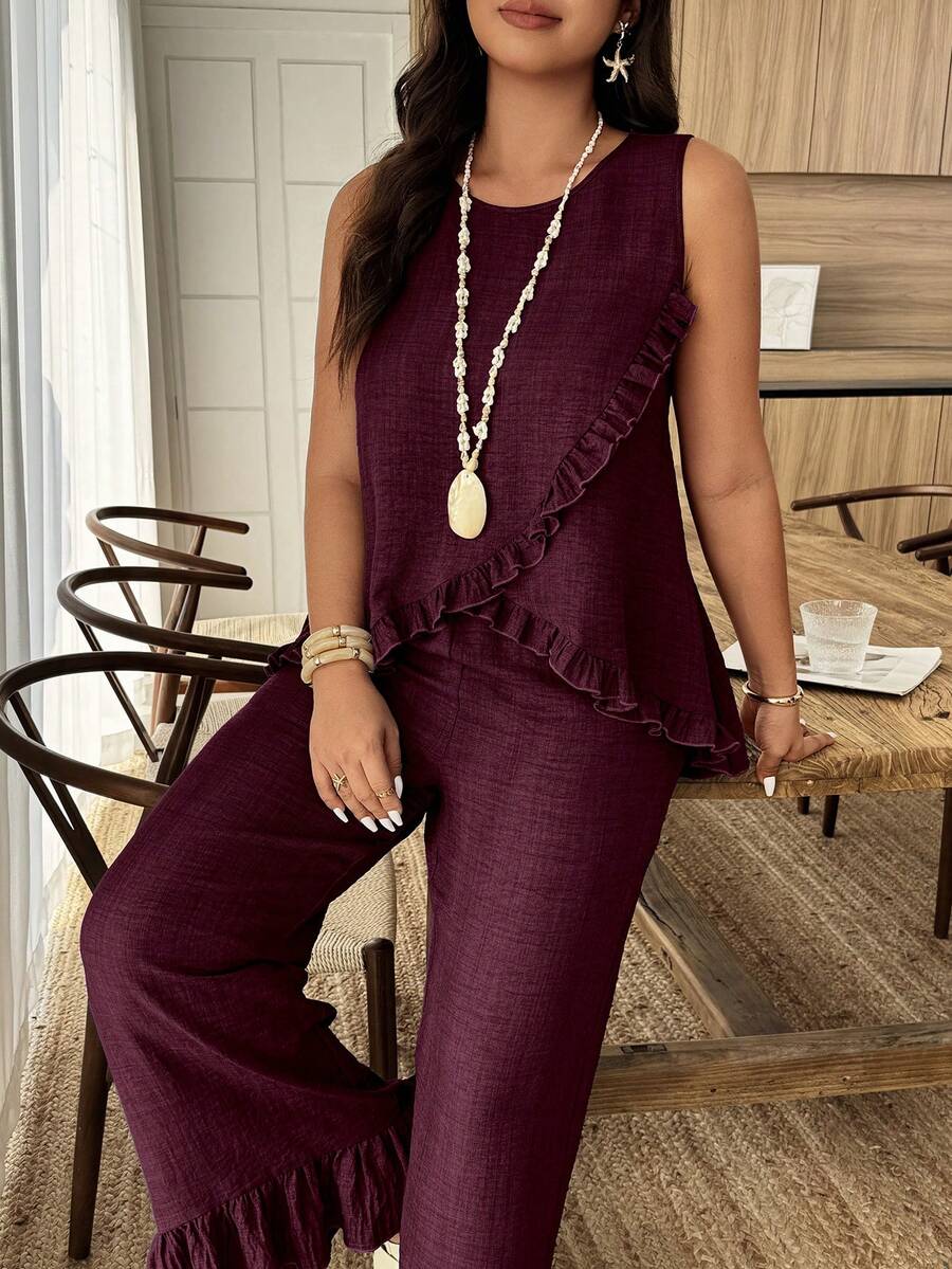 Weeklong Women's Plus Size Ruffle Trim Round Neck Sleeveless Loose Top And Straight Leg Pants 2 Piece Set, Suitable For Vacation And Daily Wear, Spring/Summer - Burgundy - View 1