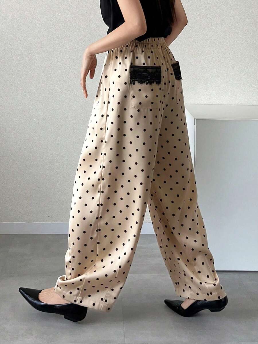 FRIFUL 女士波点图案阔腿宽松休闲裤 - 杏色 - 查看 1