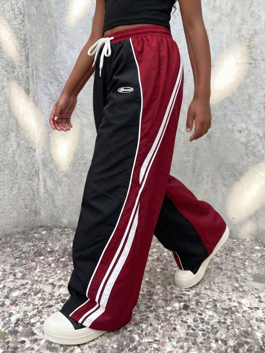 Coolane Kids Tween Girls Sommarkonsert Streetwear Sportkläder Färgblockerade Bandade Texturdekorationsbyxor - Svart - Visa 1