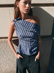 Nöista Fitted Top In Diagonal Blue And Black Stripes, Asymmetrical Neckline Showing One Shoulder With A T Of Gathering On The Sides.Spring Festival, Summer - Baby Blue - View 3