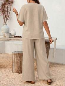 SHEIN Maternity Solid Color V-Neck Single-Breasted Short Sleeve Top And Adjustable Waist Wide Leg Pants Casual Daily Suit - Apricot - View 2