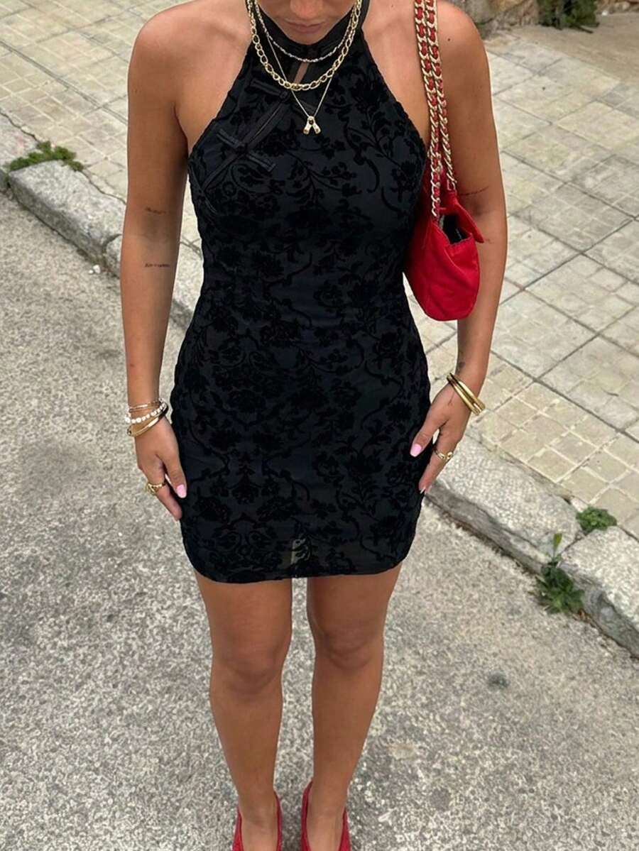 SHEIN Muchic Women's Retro Chinese-Style Cheongsam Collar Floral Dress, Black Printed Dress, Casual Mini Dress, Suitable For Vacations, Leisure, Elegant Occasions, And Everyday Commuting. Black Printed Sleeveless High-Neck Dress, Black Summer Dress. - Black - View 1