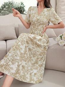 Modelyn Đầm maxi nữ kiểu vintage in họa tiết đơn giản, thích hợp mặc hàng ngày, hoặc mặc vào buổi tối. - Màu vàng - Xem 4