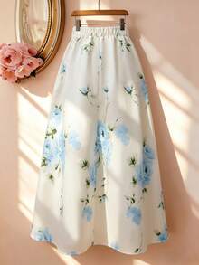 SHEIN Women's Elegant Summer Satin Midi Skirt,Blue And White Flower Rose Print Pleated A-Line Skirt,Casual Beach Party Birthday Graduation Outfit Suit - Blue - View 2