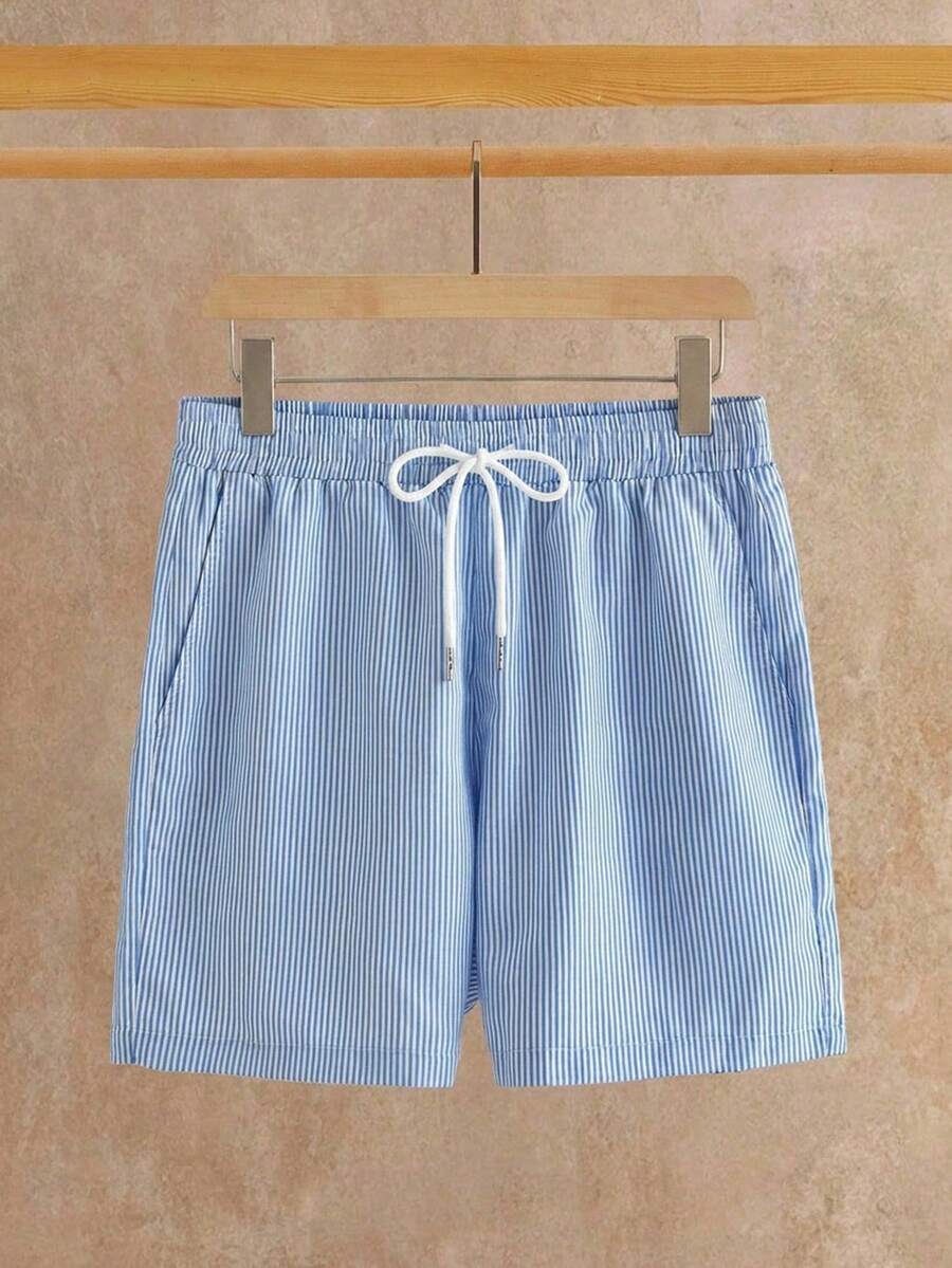 HIMLAND Men's Striped Drawstring Pocket Casual Summer Versatile Shorts - Blue - View 1