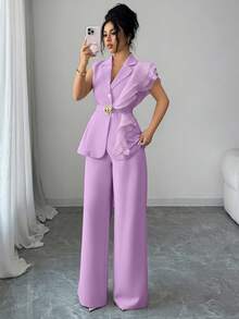 SHEIN Elenzya 女士优雅杏色奢华正式礼服套装，亮片欧根纱荷叶边领系腰西装外套套装，包括无袖外套和直筒裤，酒红色，适合万圣节、圣诞节、新年派对、毕业典礼、婚礼和其他场合。 - 紫色 - 查看 7