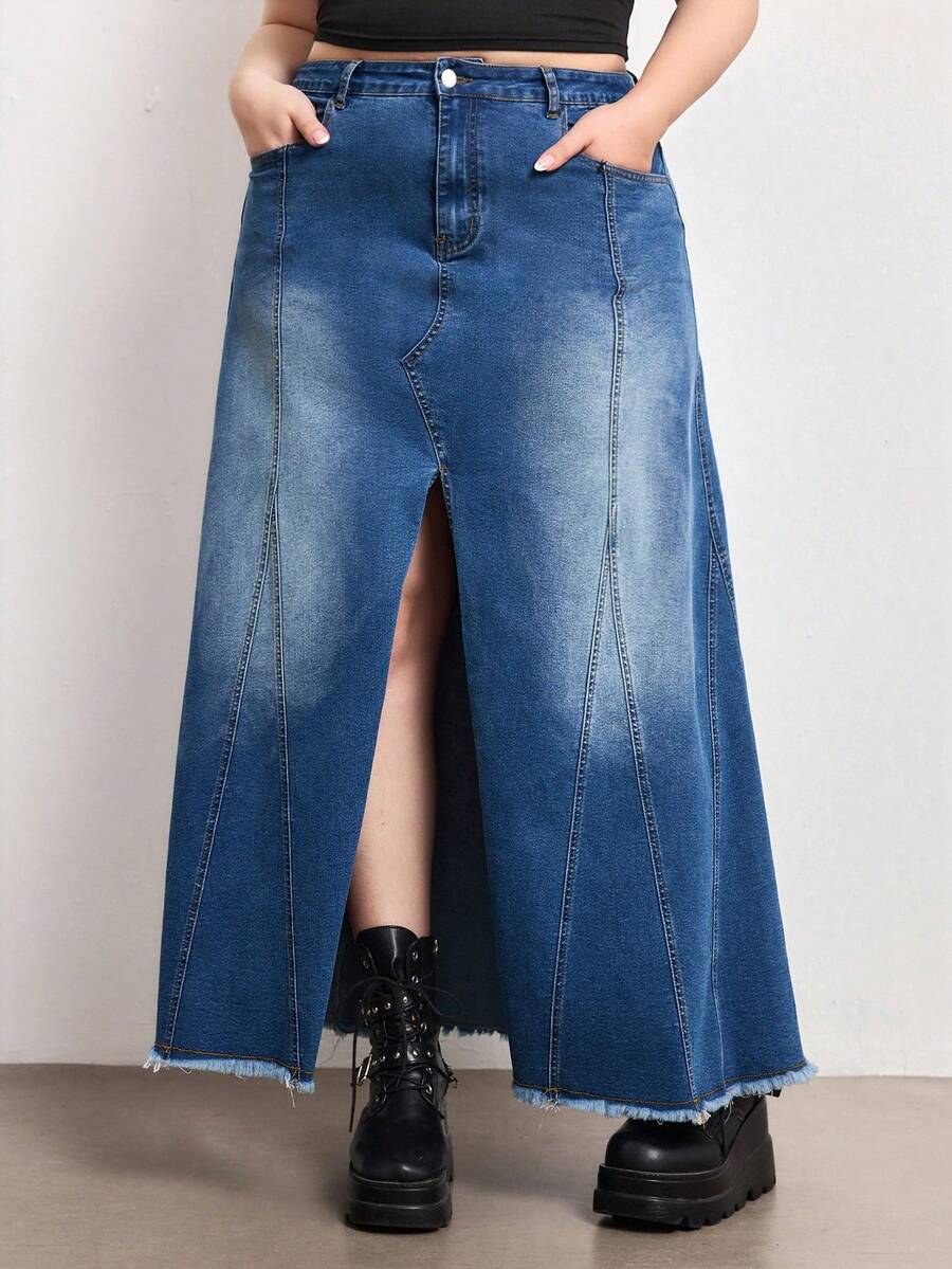 ROMWE Hippie Plus Size Vintage Washed Denim A-Line Skirt, Versatile For All Seasons - Blue - View 1