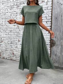 Zayélia Women's Casual Summer Vacation Solid Color Linen Batwing Sleeve Top And Skirt 2-Piece Set - Army Green - View 3