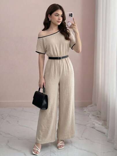 SHEIN Bộ áo liền quần và áo liền thân dệt kim phối màu tương phản đen dành cho nữ tuổi teen, kiểu dáng thoải mái, tay ngắn, ống rộng, vai chéo, có thắt lưng rời, phù hợp cho mùa xuân/hè, đi học, hẹn hò, dự tiệc, kỳ nghỉ.
