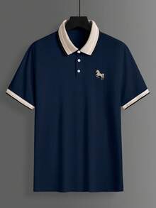 Calvornis Áo polo nam tay ngắn cổ jacquard thêu, phong cách casual trang trọng, dùng cho lễ nghi - Màu xanh hải quân - Xem 3
