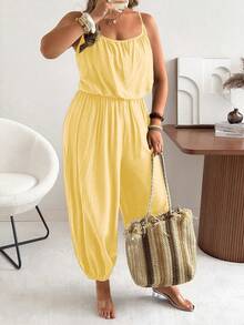 Mono de pierna ancha plisado elegante y casual de unicolor para tallas grandes - Amarillo - Ver 4