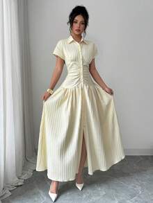 Modelyn Vestido largo con cuello, plisado y a rayas, de diseño francés para mujeres - Amarillo claro - Ver 3