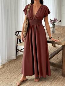 Elouméa Women's Vacation Solid Color Deep Shirred Waist Tie Mid-Length Dress - Brown - View 3