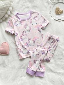 2pcs/Set Young Girl' Cute Rainbow Horse Print Short Sleeve Leggings Pajama Set - Pink - View 3