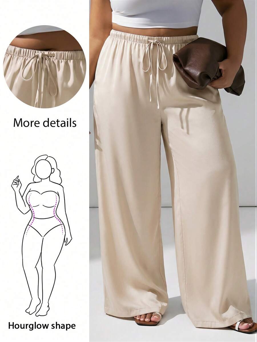 Hourglow Plus Size Women Solid Color Drawstring Waist Casual Versatile Daily Wear Pants - Apricot - View 1