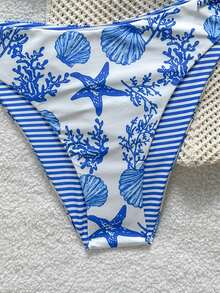 SHEIN Conjunto de bikini de tirantes con estampado de criaturas marinas azul y blanco para adolescentes, ideal para vacaciones de verano en la playa - Azul y blanco - Ver 6