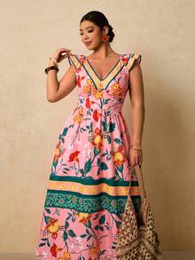 Travachic Plus Size Women's Tropical Floral Print Maxi Dress, V-Neck Flutter Sleeve Cinched Waist A-Line Long Dress, Romantic Vacation Dress For Early Spring - Pink - View 1