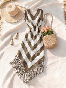 SHEIN Holidaya Đầm nữ mùa hè mới, gợi cảm, ôm sát, phối màu kim cương, cao cấp, thanh lịch kiểu Pháp cổ điển, trưởng thành, sang trọng, cổ chữ V, không tay, kiểu dáng nghỉ dưỡng Pháp, có tua rua ở gấu váy. - Lạc đà - Xem 6