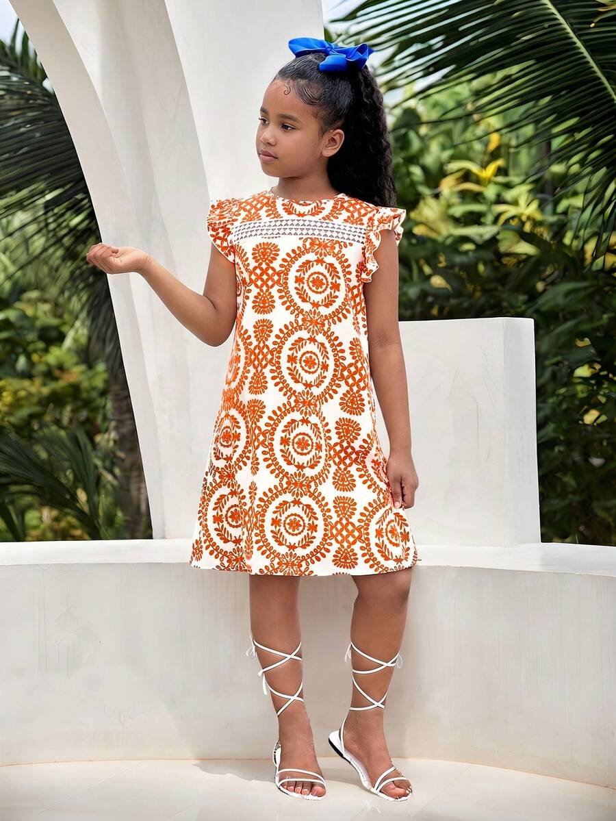 SHEIN Đầm đi nghỉ mát dáng rộng, thoải mái, họa tiết hoa nhí, xếp tầng, tay ngắn bồng bềnh, dệt kim, phối nhiều lớp, dành cho bé gái và thiếu nữ. Trang phục ton sur ton cho mẹ và bé. - trái cam - Xem 1