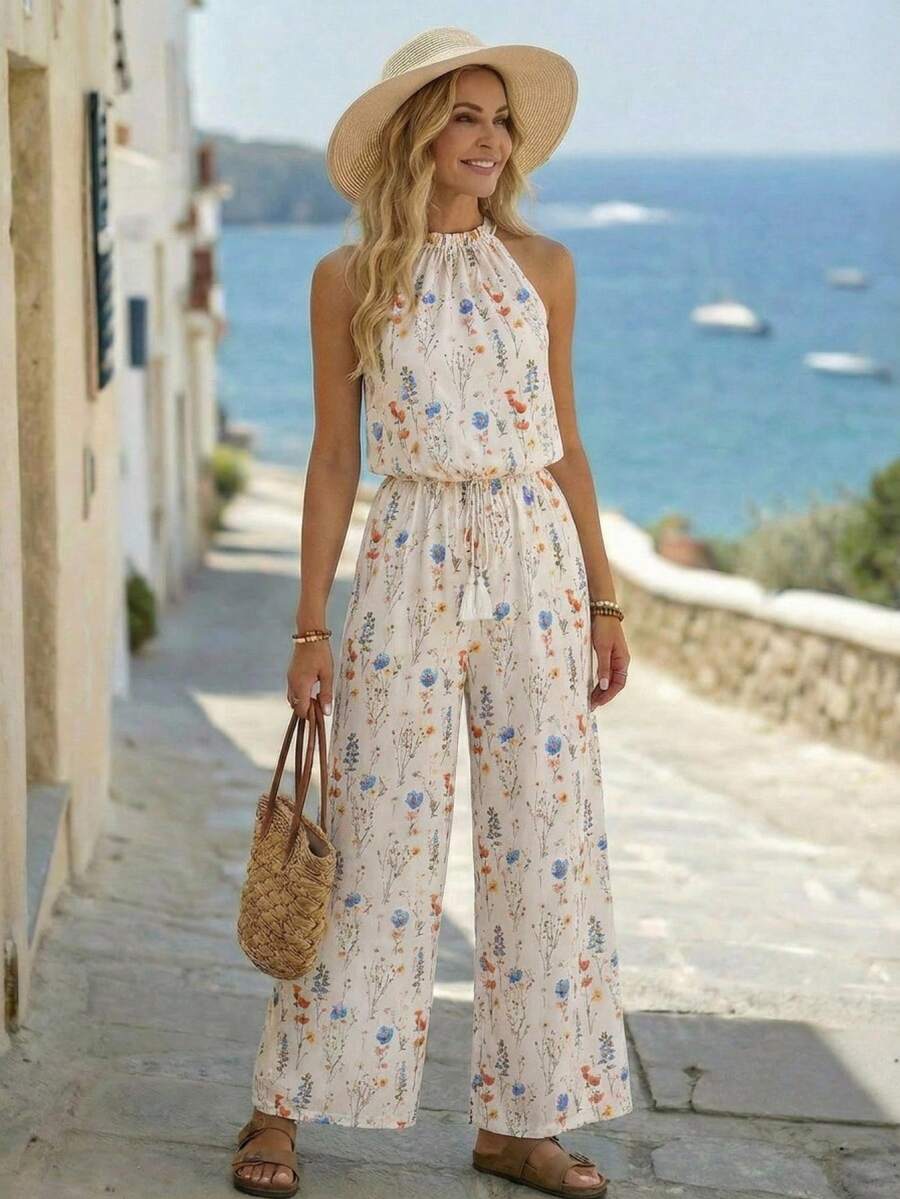 EMERY ROSE Mono de mujer casual con estampado floral y cuello halter - Azul - Ver 1