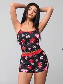 HOT STUFF X SHEIN Women All-Over Print Camisole And Shorts Tight Pajama Set - black red - View 9