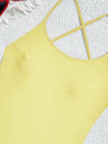 SHEIN Swim SPRTY Bộ áo tắm liền quần gợi cảm không tay, hở lưng, màu trơn mới dành cho nữ mùa hè, thích hợp cho kỳ nghỉ biển. - Vàng nhạt - Xem 5