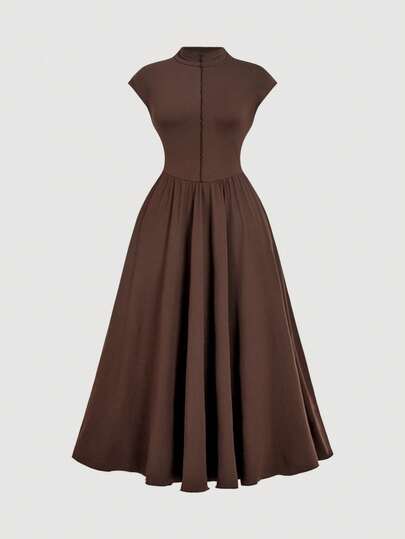 SHEIN MOD Đầm dài dệt kim cổ cao màu nâu cỡ lớn dành cho nữ, thích hợp cho Ngày Valentine, Đám cưới, Đầm thanh lịch, Đầm trắng, Đầm dự tiệc cưới cho nữ, Trang phục xuân/hè, Trang phục dự tiệc trà cho nữ, Ngày lễ, Sinh nhật