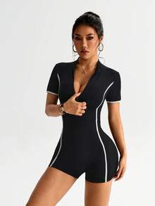 SHEIN Dewbera 黑色撞色连体裤，修身瑜伽服，柔软舒适，适合运动、健身、锻炼、跑步 - 黑色 - 查看 3