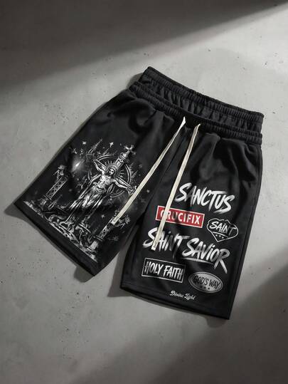 ROMWE MEN Pantalones cortos con cintura estampada de ajuste holgado para hombre
