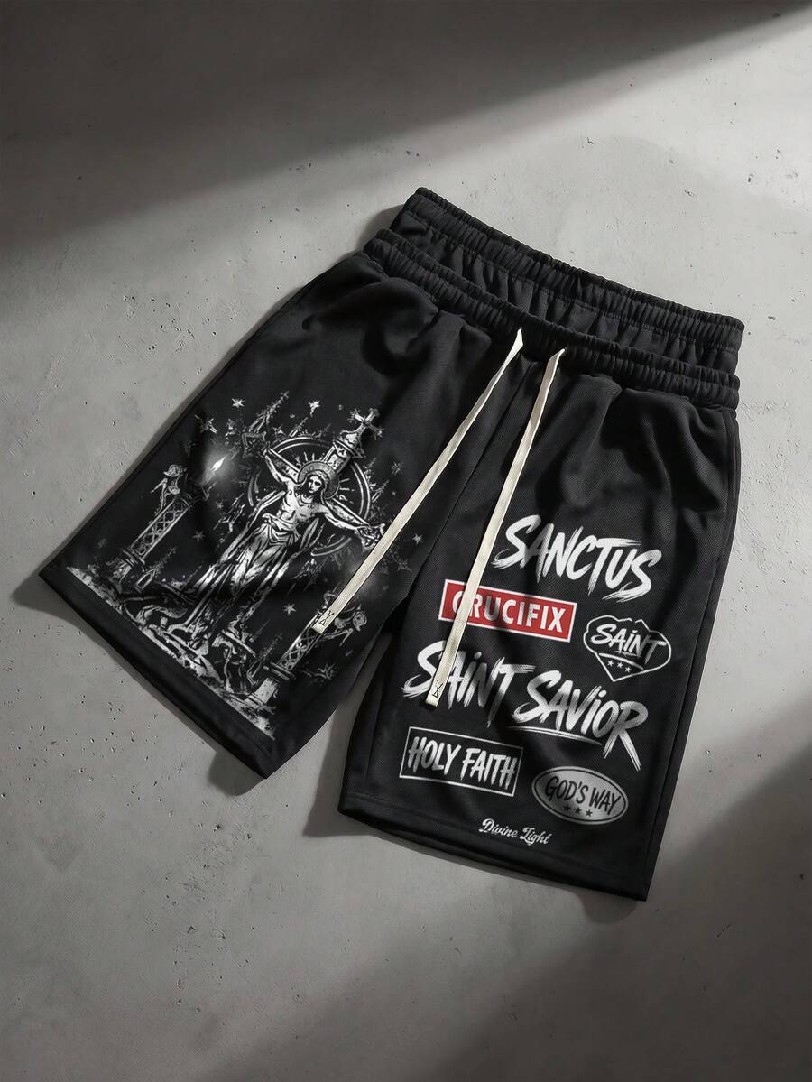 ROMWE MEN Pantalones cortos con cintura estampada de ajuste holgado para hombre - Negro - Ver 1