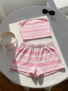 Comfortcana Bộ áo quây và quần short kẻ sọc tương phản kiểu vintage dành cho nữ, thích hợp mặc đi biển, dạo phố, ở sân bay và ở nhà. - Nhiều màu - Xem 4