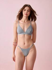 Bonmuse 女款基本色細肩帶內衣與比基尼泳褲套裝，日常休閒穿著，無墊，適合夏季 - 灰色 - 查看 4