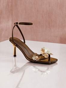 SHUZIA Women Flower Decor Stiletto Everyday Party Sexy Elegant PU High Heeled Sandals - Coffee Brown - View 5
