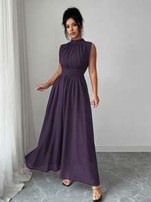 Elenzga Women's Dark Purple Summer Elegant Wedding Chiffon Maxi Dress,French Stand Collar Criss-Cross Tie Waist A-Line Sleeveless Lined Party Dress - Bold Plum - View 4