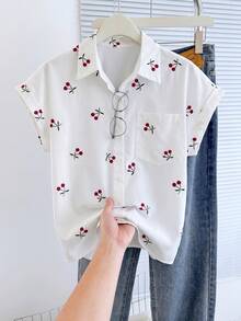 SHEIN Franclia 女士蓝色蝙蝠袖口袋休闲通勤衬衫，春夏款 - 白色 - 查看 5
