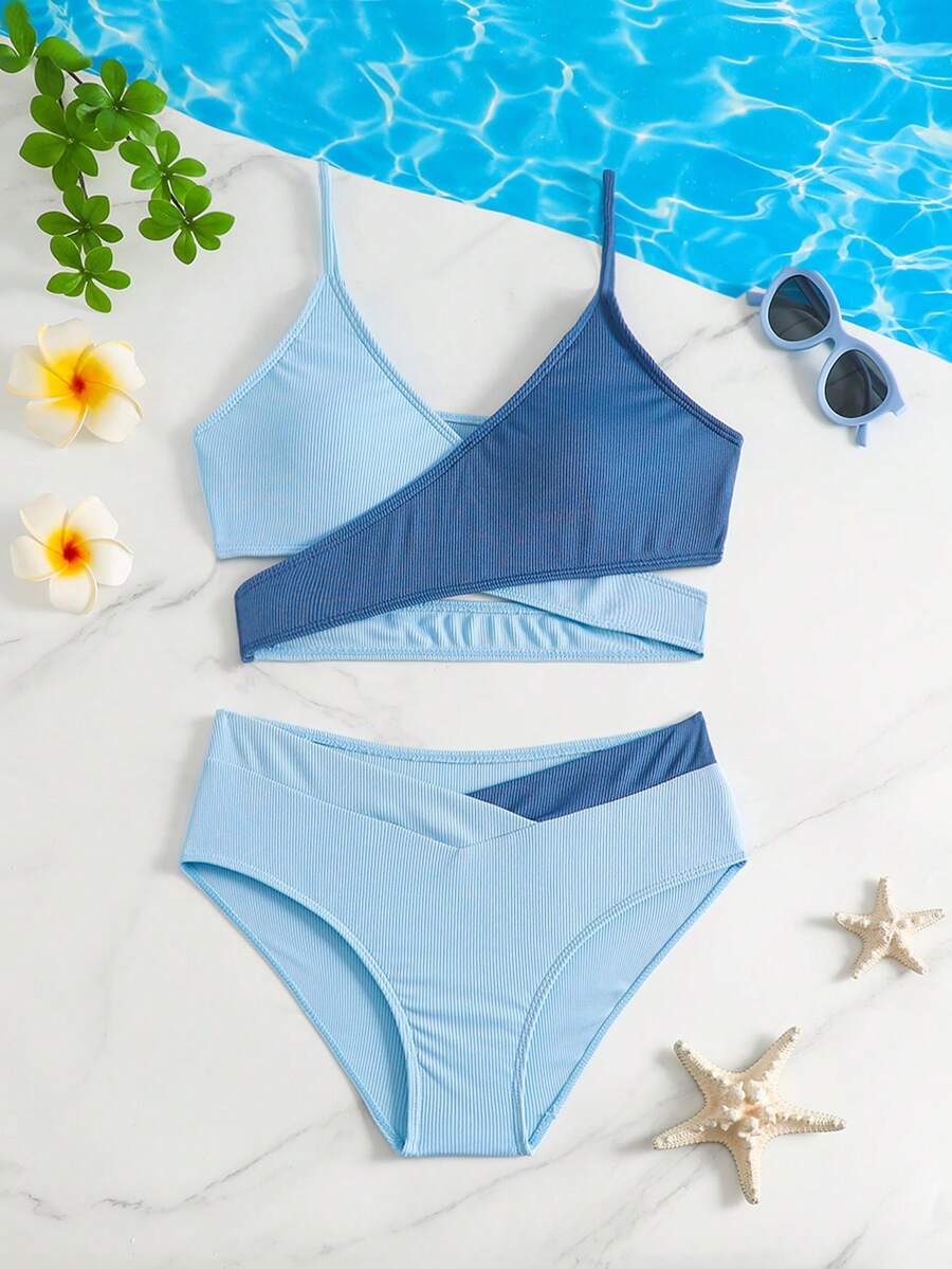 SHEIN Bộ đồ bơi cho bé gái tuổi teen, vải đặc biệt màu sắc khối chắp vá Tankini 2 mảnh, thích hợp cho bơi lội, hồ bơi, bãi biển - Màu xanh nhạt - Xem 1