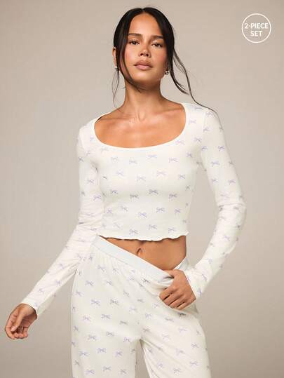 Athîral 2pcs Lowkey Lull Allover Bow Print Comfortable Crop Top & Pants Lounge Set, Chic Autumn Sleepwear Loungewear For Women, Winter Clothes