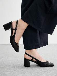 CUCCOO BIZCHIC 女士搭扣设计日常通勤黑色方头高跟露跟鞋 - 靜夜黑色 - 查看 3