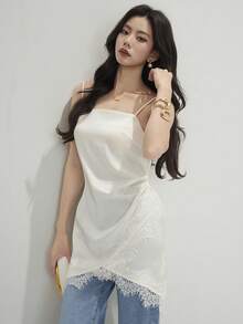 Heiryn 女士优雅纯色蕾丝拼接吊带背心,夏季必备 - 杏色 - 查看 9