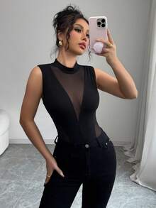 SHEIN Raffinéa 女款黑色網格拼接無袖連身衣，圓領修身夏季連身衣，性感時尚派對夜生活，Y2K休閒海灘百搭 - 黑色 - 查看 5