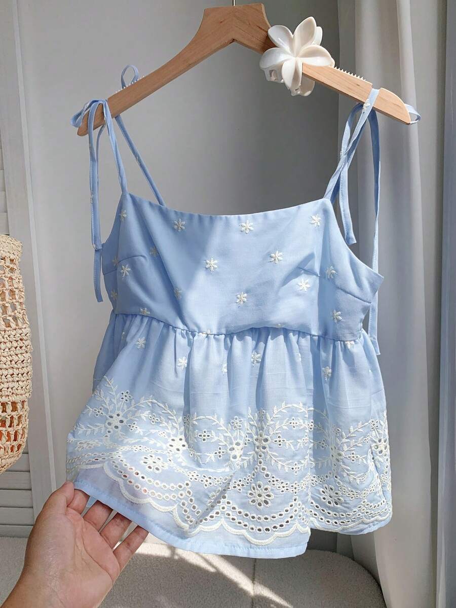 SHEIN Comfortcana Áo sơ mi buộc dây bằng vải thêu, trang phục mùa hè dành cho nữ. - Nhiều màu - Xem 1
