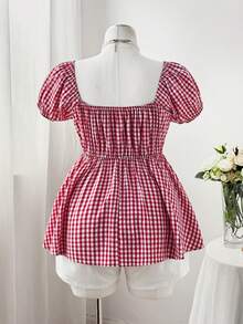 Sweetra Áo kiểu babydoll tay cánh hoa kẻ caro đỏ mùa hè mới, xếp ly eo, ngọt ngào và tôn dáng. - Đỏ - Xem 2