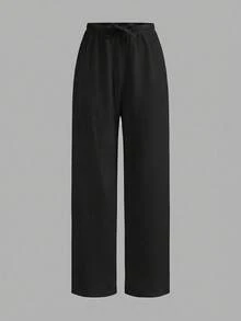 SHEIN 少女休闲纹理腰部蝴蝶结装饰黑色裤子 - 黑色 - 查看 5