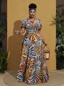 Maweii Plus Size Women's Spring/Summer Puff Sleeve Sweetheart Neck Long Slit Dress, Suitable For Beach Party, Travel Photography, Fresh Resort Style Fashion - Multicolor - View 6