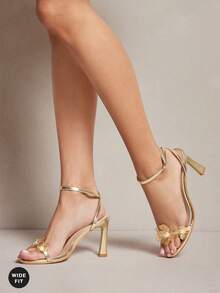 SHUZIA Women's Wide-Fit Minimalist Fashion Comfy Round Toe Floral Decor Stiletto Heel Sandals - Gold - View 6
